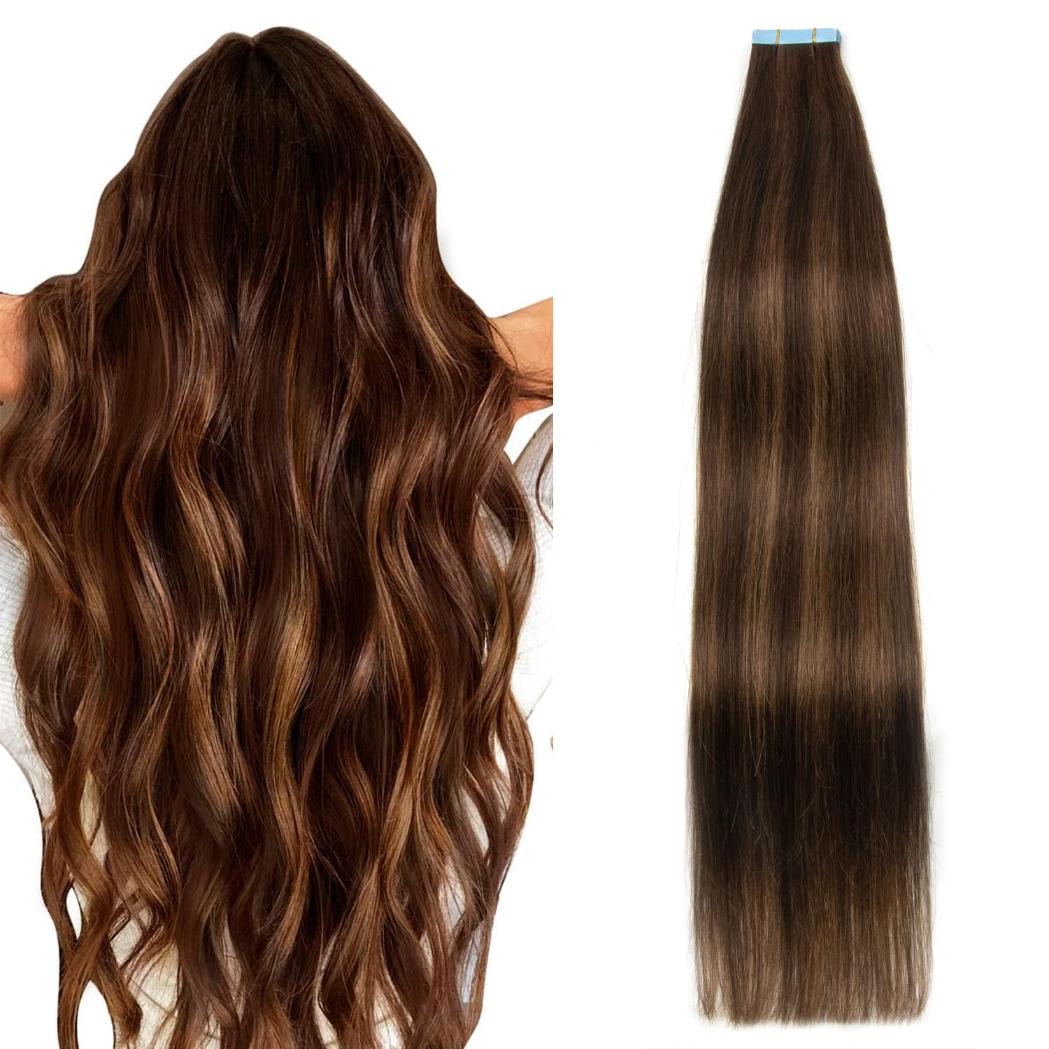 AGMITY Tape in Hair Extensions 100% Remy Human Hair Dark Brown with Chestnut Brown Balayage 40Gram Straight Seamless Skin Weft Tape in Extensions Real Human Hair(12 inches #P2/6/T2) — image 1
