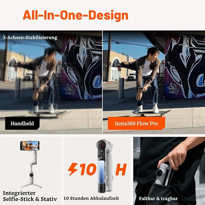 Flow Pro - KI-gestützter Smartphone-Gimbal-Stabilisator mit 3-Achsen, Apple DockKit-Integration, Unbegrenztes 360°-Schwenk-Tracking, Stativ integriert, Zusammenklappbar & mobil