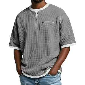 Waffle Henley Shirts for Men Crew Neck Short Sleeve Tops Tshirt Quarter Zip Pullover Sweatshirt with Zipper Pockets