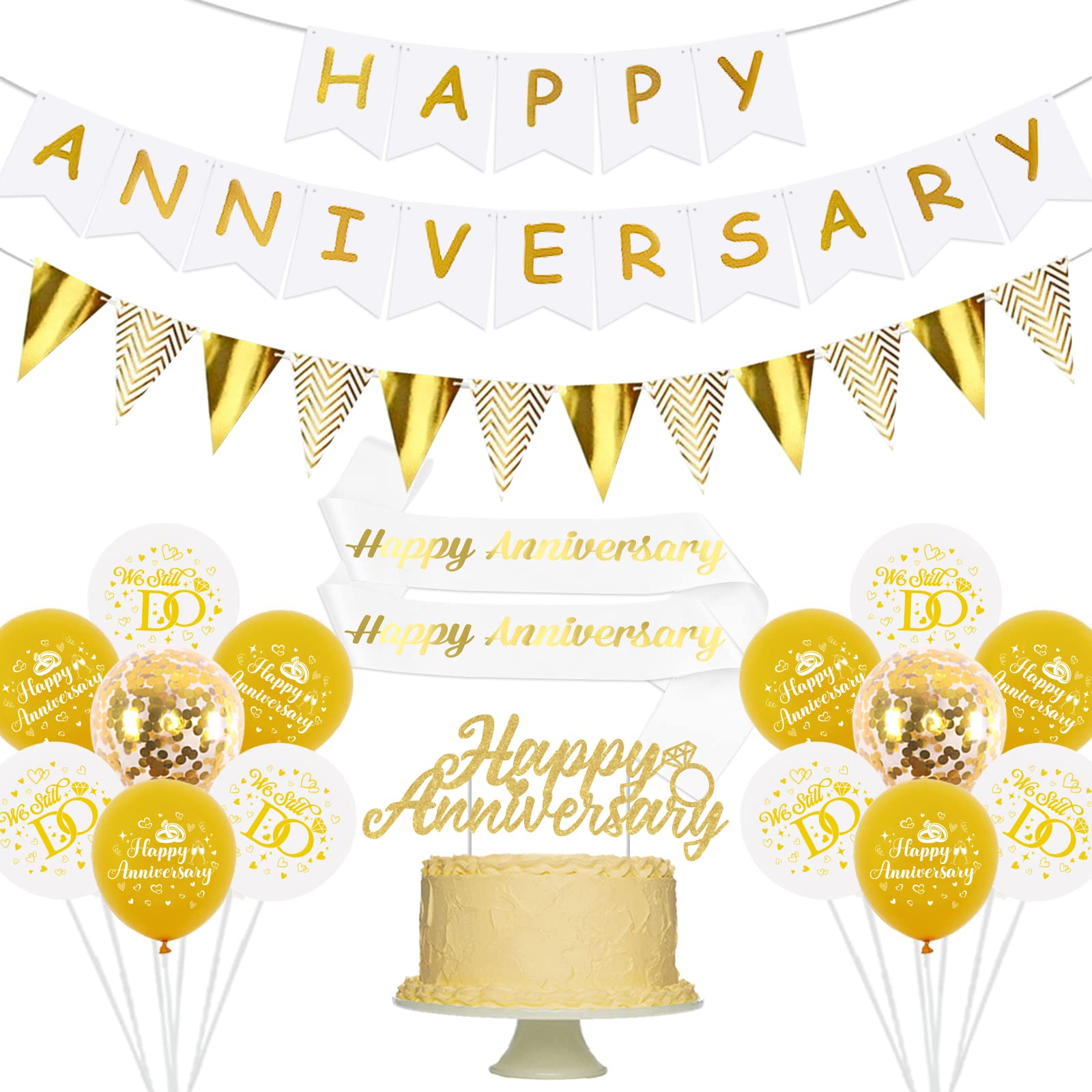 Sursurprise Happy Anniversary Decorations Kit, White and Gold Banner, Triangle Flags Bunting Banner, Anniversary Ceremony Balloon, White and Gold Happy Anniversary Sash, Wedding Anniversary Supplies