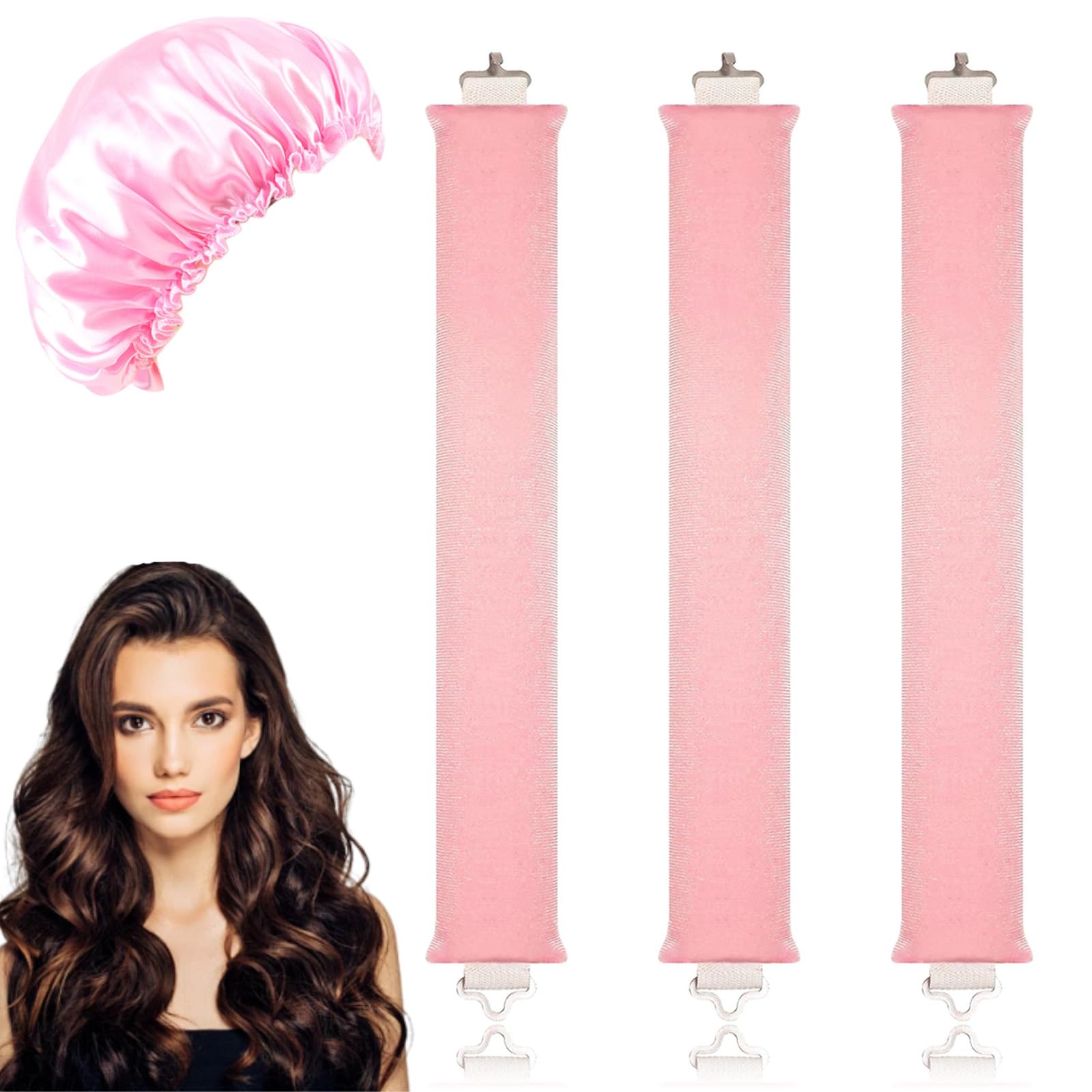 3 PCS Heatless Blowout Rods, Overnight Blowout Rods, Heatless Curlers, Women Long Hair Styling Tools for All Hair, Travel, Long Hair Styling Tools, with 1 Sleep Cap (Pink)