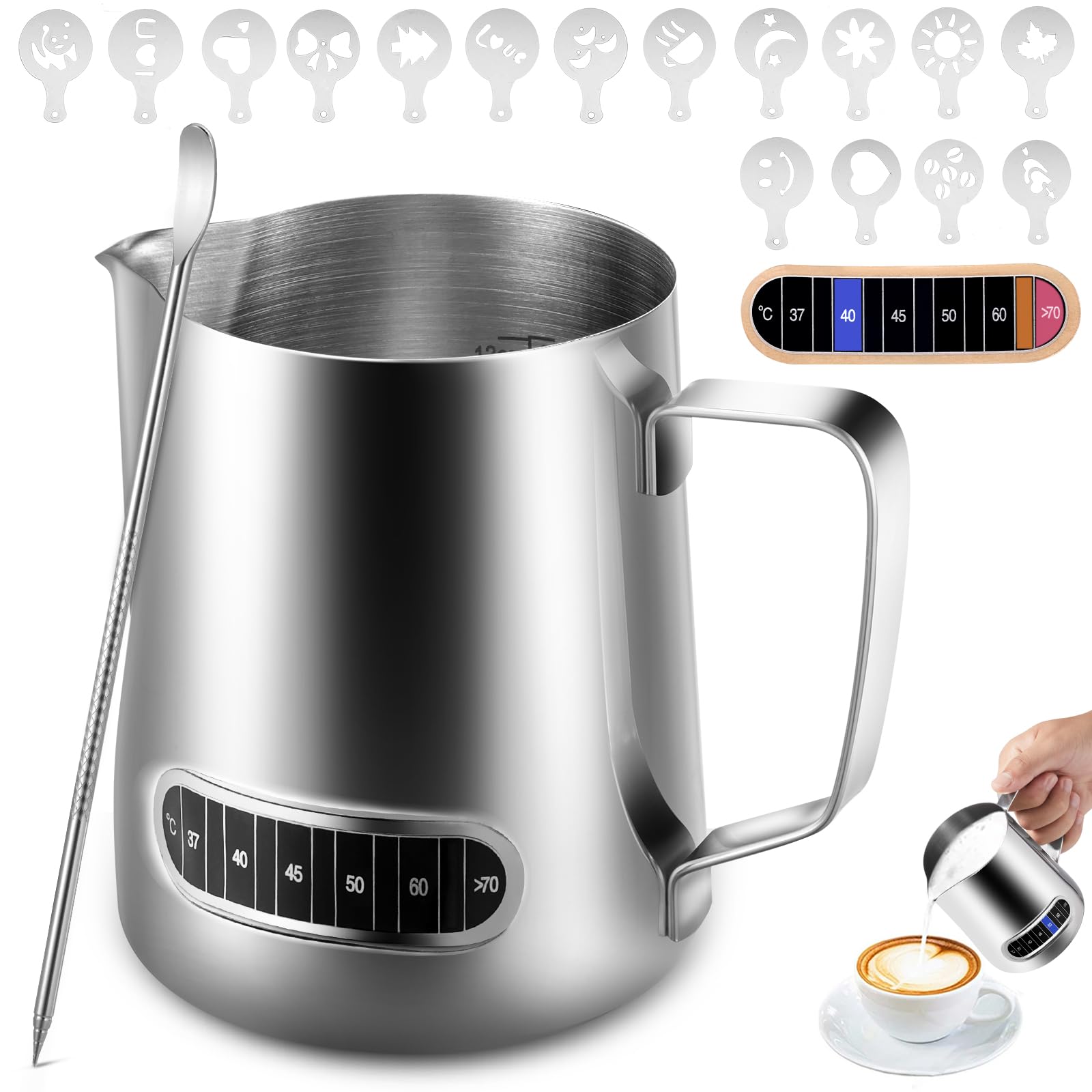 Anpro Milk Frothing Pitcher,350 ml/12 oz 304 Stainless Steel Milk Pitcher with Thermometer,Latte Decorating Art Pen and 16 Pcs Coffee Stencils,Metal Barista Accessories for Coffee,Latte & Cappuccino
