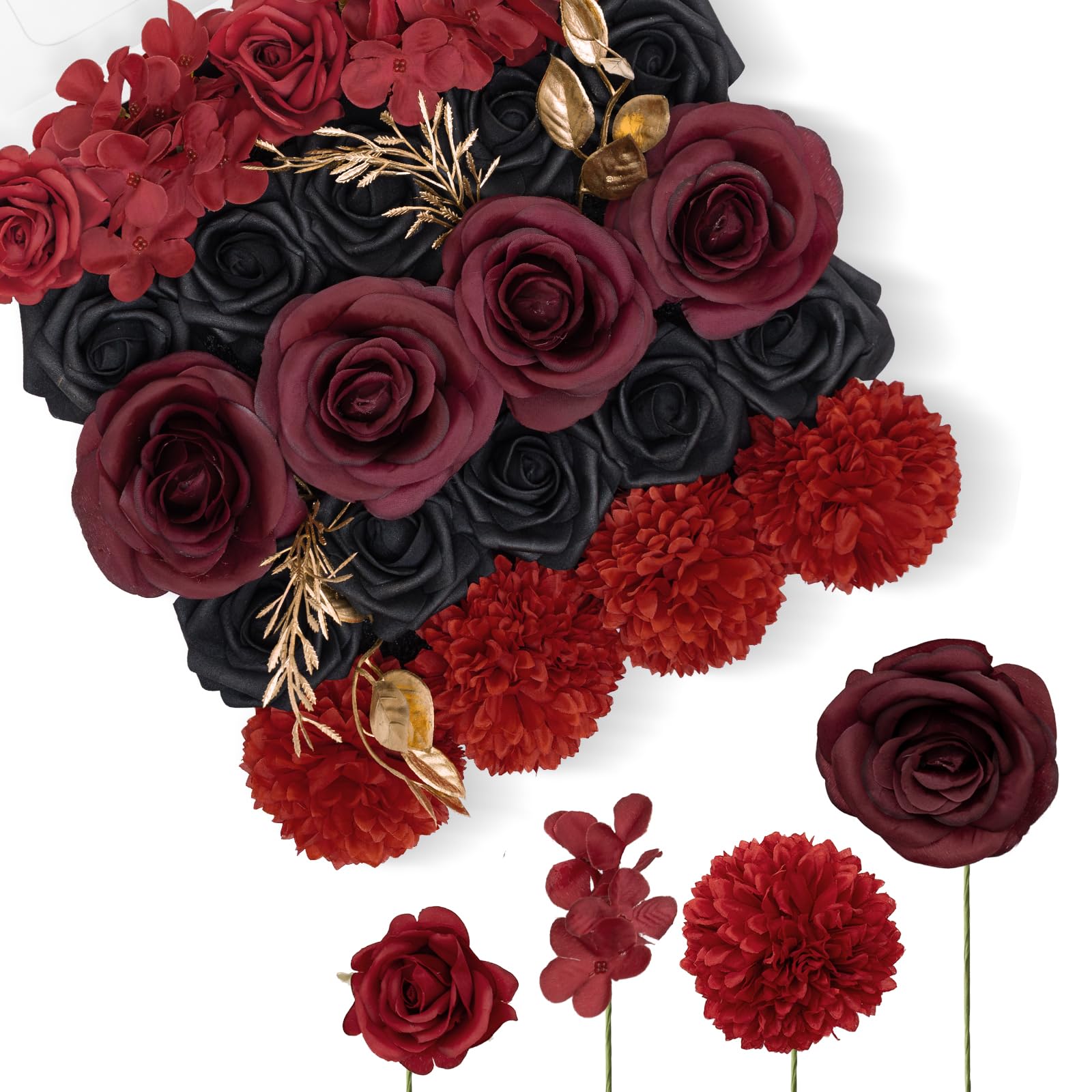 Photo 1 of ***MISSING PIECES*** TINGE TIME Rose Artificial Flowers Combo, Gradient Color Faux Foam Roses with Stems for DIY Wedding Bridal Shower Party Table Centerpieces Fake Floral Arrangement Home Decor (Gothic Black & Red)
