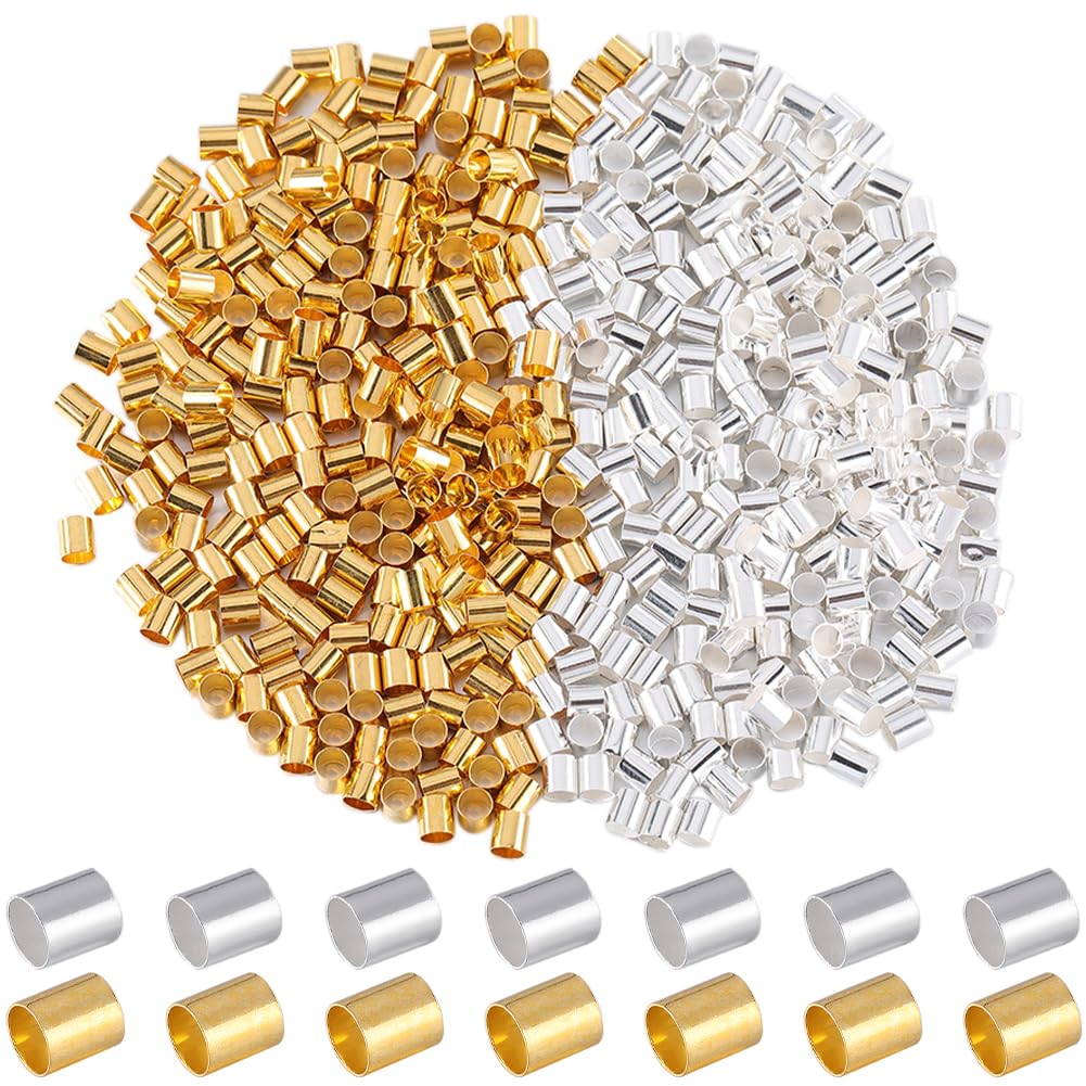 SOFPLATE 1 Box 2000Pcs Crimp Tube Beads 3mm Stopper Beads Metal Cords End capss Gold Silver Brass Crimper Loose Spacer Bead for jewellery Making Supplies Crimping Beads DIY Bracelets Earrings Crafts