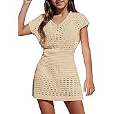 Haloumoning Girls Crochet Swim Beach Cover Up Kids Fashion Button Short Sleeve Swimsuits Cover Ups 5-14 Years