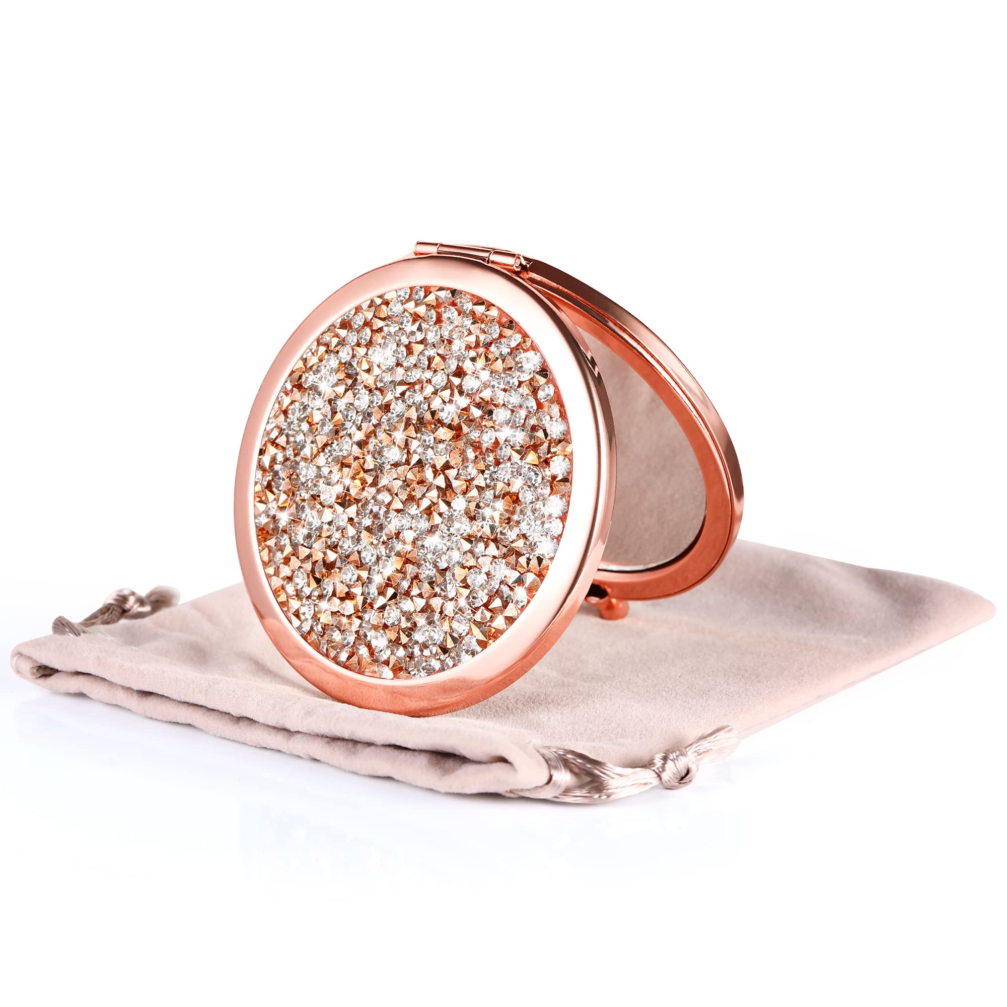 Photo 1 of Dynippy Compact Mirror Rose Gold Makeup Mirror Folding Mini Pocket Mirror Portable Hand Mirror Double-Sided 2 x 1x Magnification for Woman Girls (Bling Rose Gold)