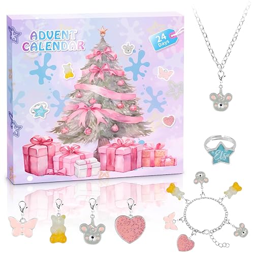 Jewellery Advent Calendar 2025 Kids, 24 Days DIY Cartoon Advent Calendar Girls Children Teens Christmas Countdown Bracelet Ring Necklace Kit with Charm Pendant Birthday Party Surprise Gifts B