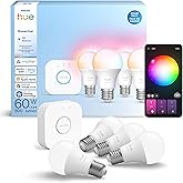 Philips Hue Essential Starter Kit: Bridge + 4 Essential E26 Smart Bulbs, White and Color Ambiance, 2200K-6500K, Dimmable, Wor