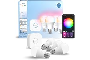 Philips Hue Essential Starter Kit: Bridge + 4 Essential E26 Smart Bulbs, White and Color Ambiance, 2200K-6500K, Dimmable, Wor