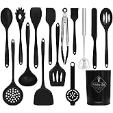 CQKEDMA Silicone Kitchen Utensils Set 15PC Cooking Utensils Set, 600°F Heat Resistant Kitchen Gadgets Sets for Nonstick Cookware with Holder, Turner, Tongs, Whisk, Spoons, Spatulas, Brush, Black