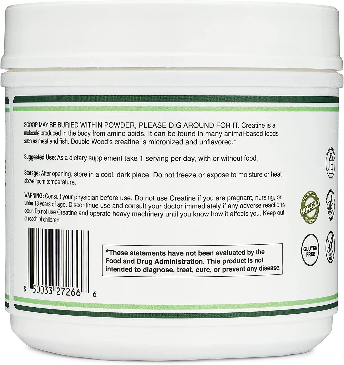 Creatine Monohydrate Powder 1.1lbs (100 Servings of 5 Grams Each) - No Fillers, Vegan Safe, Non-GMO, Gluten Free by Double Wood