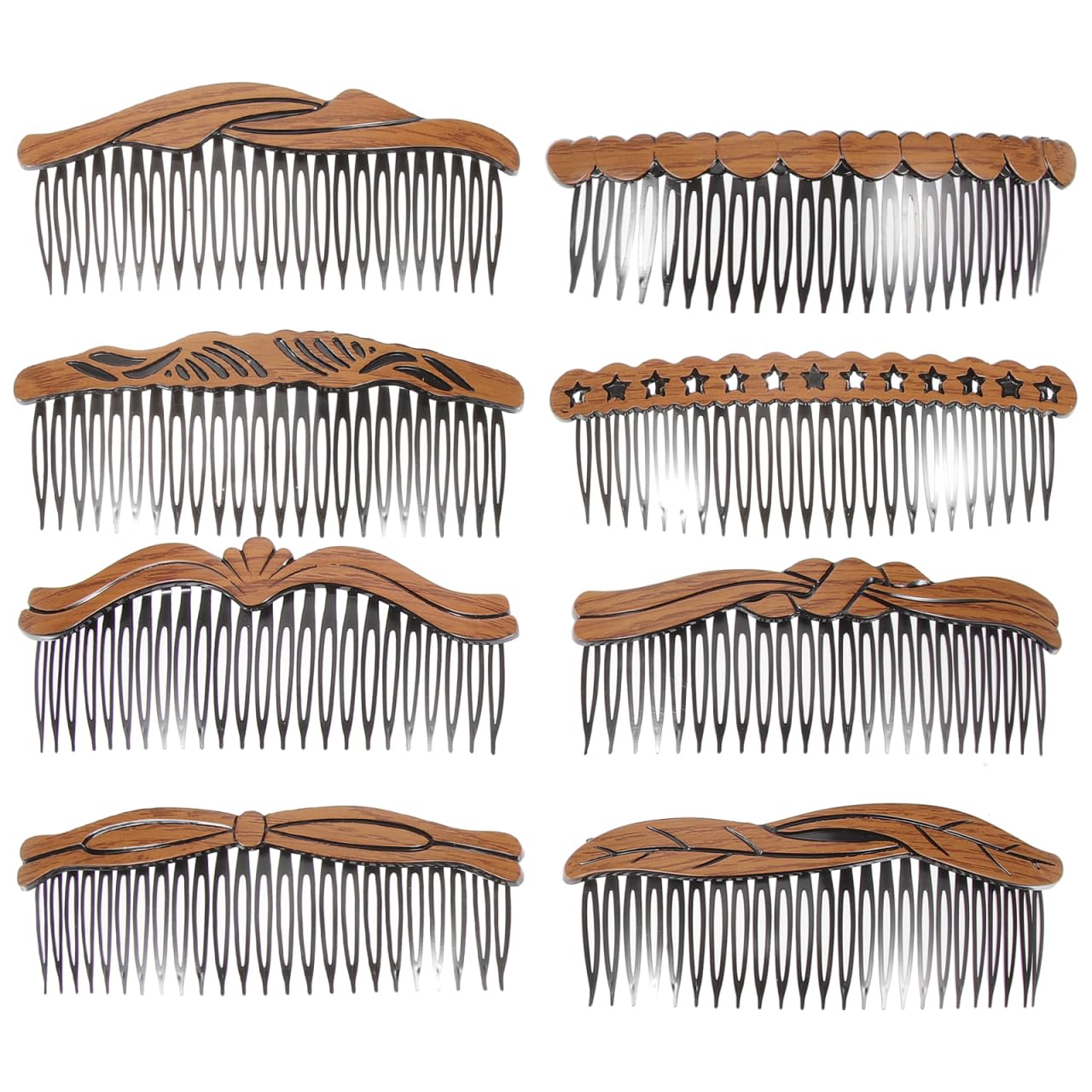 Lurrose 8Pcs Vintage Wood-Grain Hair Side Combs Decorative Hollow Star & Bow Design Styling Combs French Twist Hair Pins & Side Slides for Women’S Buns, Chignons