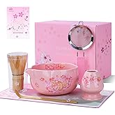 TEAYAMI Matcha Whisk Set, 6pcs Matcha Kit Includes Large Matcha Bowl, Bamboo Whisk & Scoop with Cute Charm, Chasen Holder, Innovative Sifter, Tea Mat for Japanese Tea Ceremony-Pink Floral