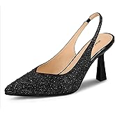 MUCCCUTE Kitten Heels for Women Slingback Heels Pointed Toe Pumps Rhinestones Pearls Stiletto Sparkly Bridal Sandals for Wedding Prom Dating