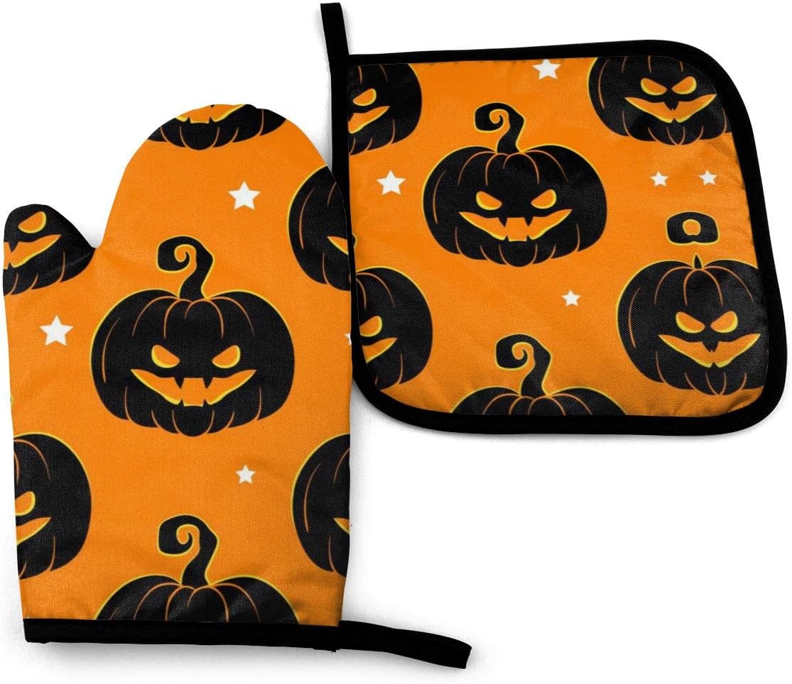 Halloween Pumpkin Oven Mitts and Pot Holders Sets Heat Resistant Holiday Decor Oven Gloves with Non-Slip Surface for Reusable for Baking BBQ Cooking