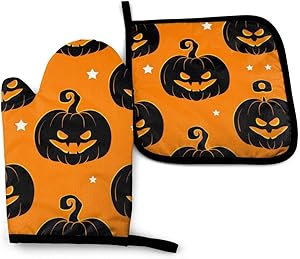 Halloween Pumpkin Oven Mitts and Pot Holders Sets Heat Resistant Holiday Decor Oven Gloves with Non-Slip Surface for Reusable for Baking BBQ Cooking