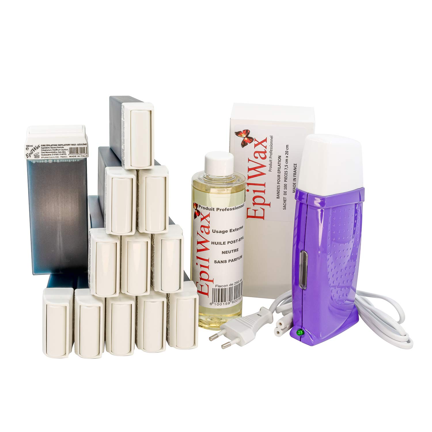 EpilWax Royal Depilatory Kit Complete with: Professional Wax Heater, 12 x 100ml Azulene Wax Roll-On, 100 Depilatory Strips, 1 x 250ml After Wax Oil Bottle (Royal Azulene 12 Series)