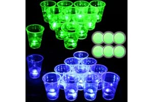 NOVELTYMEME Glow in The Dark Beer Pong Set,Light up Beer Pong Cups for Indoor Outdoor Nighttime Competitive Fun,22 Glowing Cups(11 Green &11 Blue), 6 Glowing Balls, Waterproof- Party Game