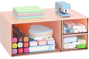LETURE Desk Office Stationery Organizer with 3 Drawers, Desktop Vanity Makeup Organizer, Plastic Sundries Cosmetic Storage Organizer for Bathroom Counter or Dresser (Pink-3 Drawer)