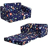 decalsweet Kids Couch Convertible Sofa to Lounger for Toddler Boy, Foldable 2-in-1 Kids Sofa Bed, Toddler Chairs Comfy for Bedroom Playroom, Blue Rocket