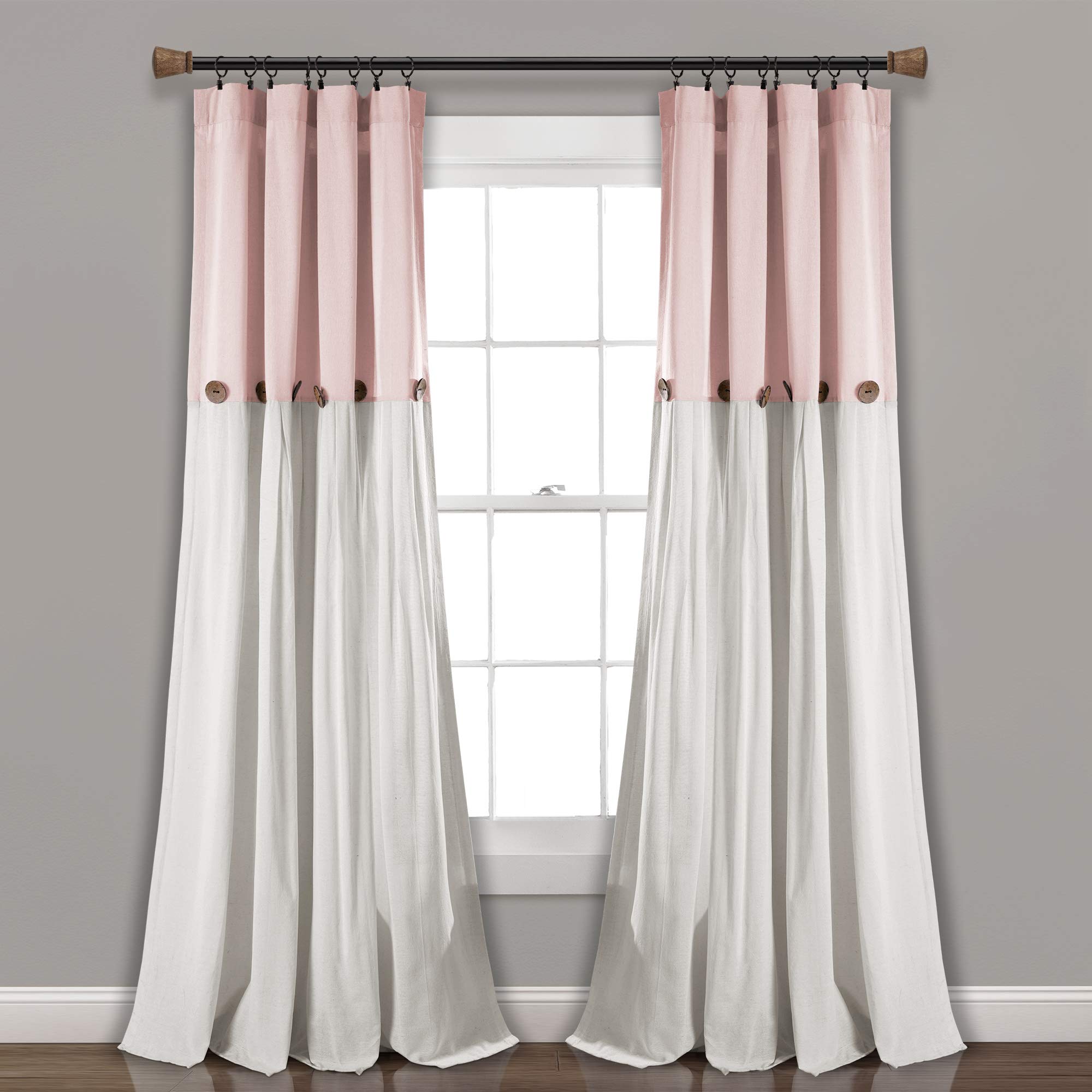 Lush Decor Linen Button Window Curtain Single Panel, Cotton Blend, Blush & Off-White, 40" W x 84" L (Pack of 1)