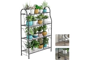 OFiSEXPT 4 Tier Metal Plant Stand with wheels rack, Heavy Duty Metal Plant Shelf for Indoor/Outdoor Living Room, Balcony, Garden, Black