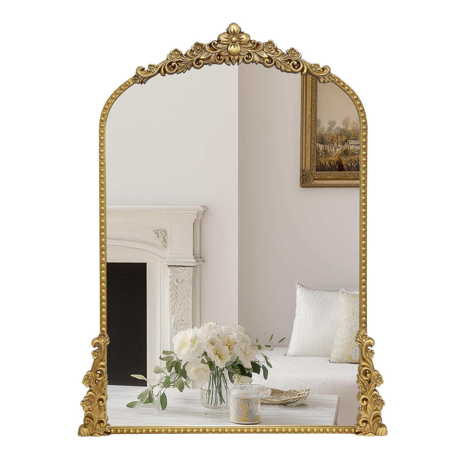 Photo 1 of YIDIE Vintage Arched Mirror, 24"x 36"Antique Baroque Mirror Style Metal Beaded Frame for Entryway Hallway Living Room,Vintage Gold