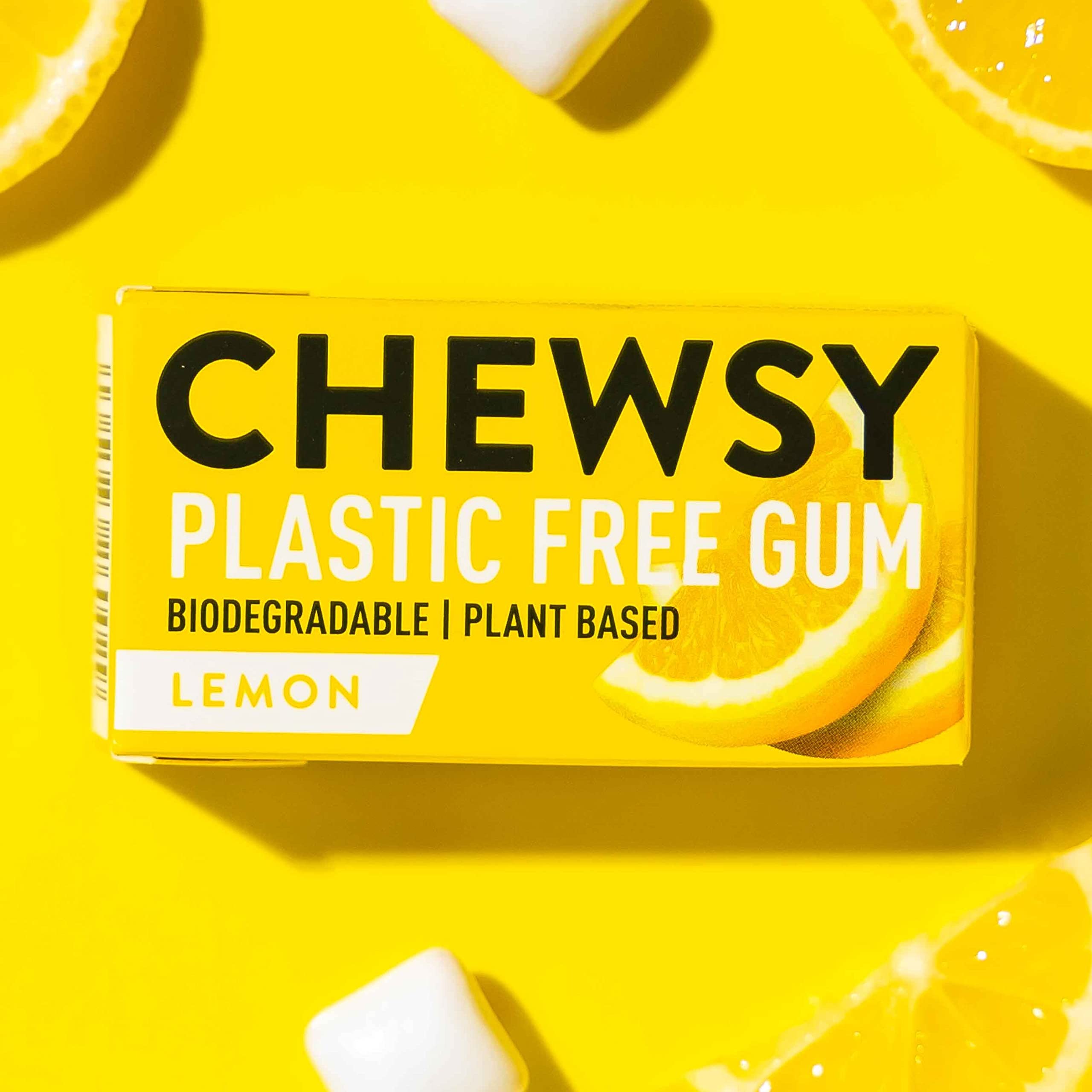 Chewsy Lemon Plastic Free Gum | Plant Based | Sugar Free | Aspartame-Free | Xylitol | Tooth Friendly | Vegan | Biodegradable | Natural Chewing Gum 12 Packs