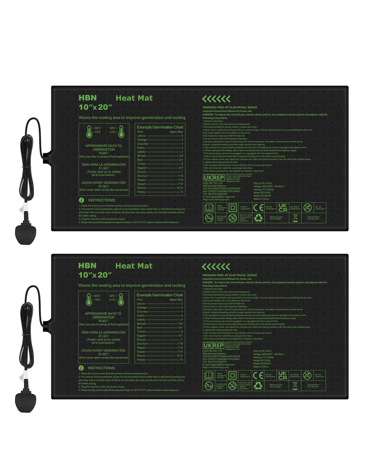 HBN Durable Seedling Heat Mat,Waterproof Hydroponic Heating Pad,Seedling Heating Pad for Winter Indoor Seedling Germination and Greenhouse(10"x 20",2pc)