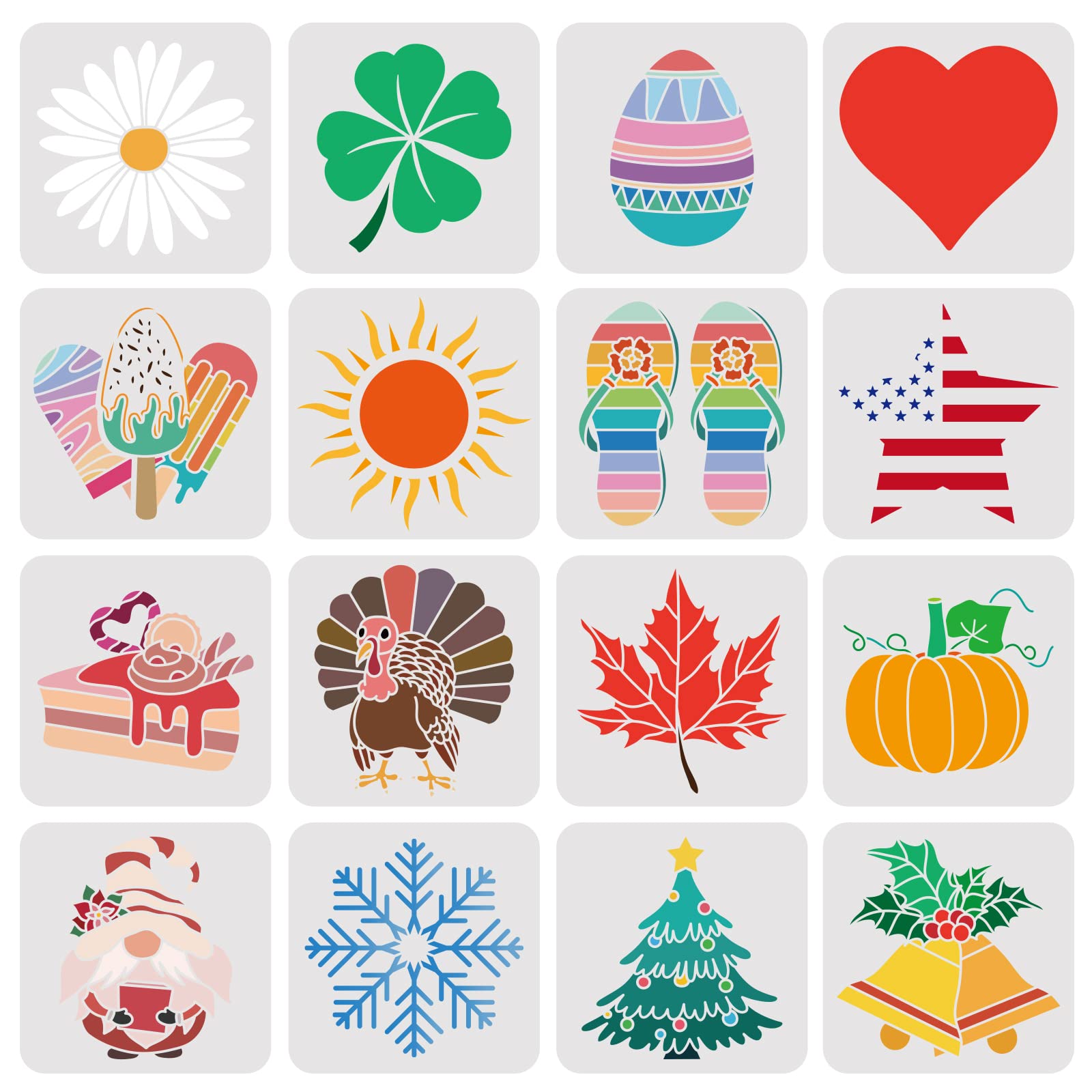 FINGERINSPIRE 16Pcs Seasonal Icons Stencil Template 20x20cm Large Reusable Template for Easter, Valentine's Day, Thanksgiving, Halloween, Christmas Home Decor Sign Wall Decorations