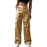 Fakanhui Women's Cargo Pants Baggy Satin Casual High Waisted Gold Silver Party Club Streetwear Trouser