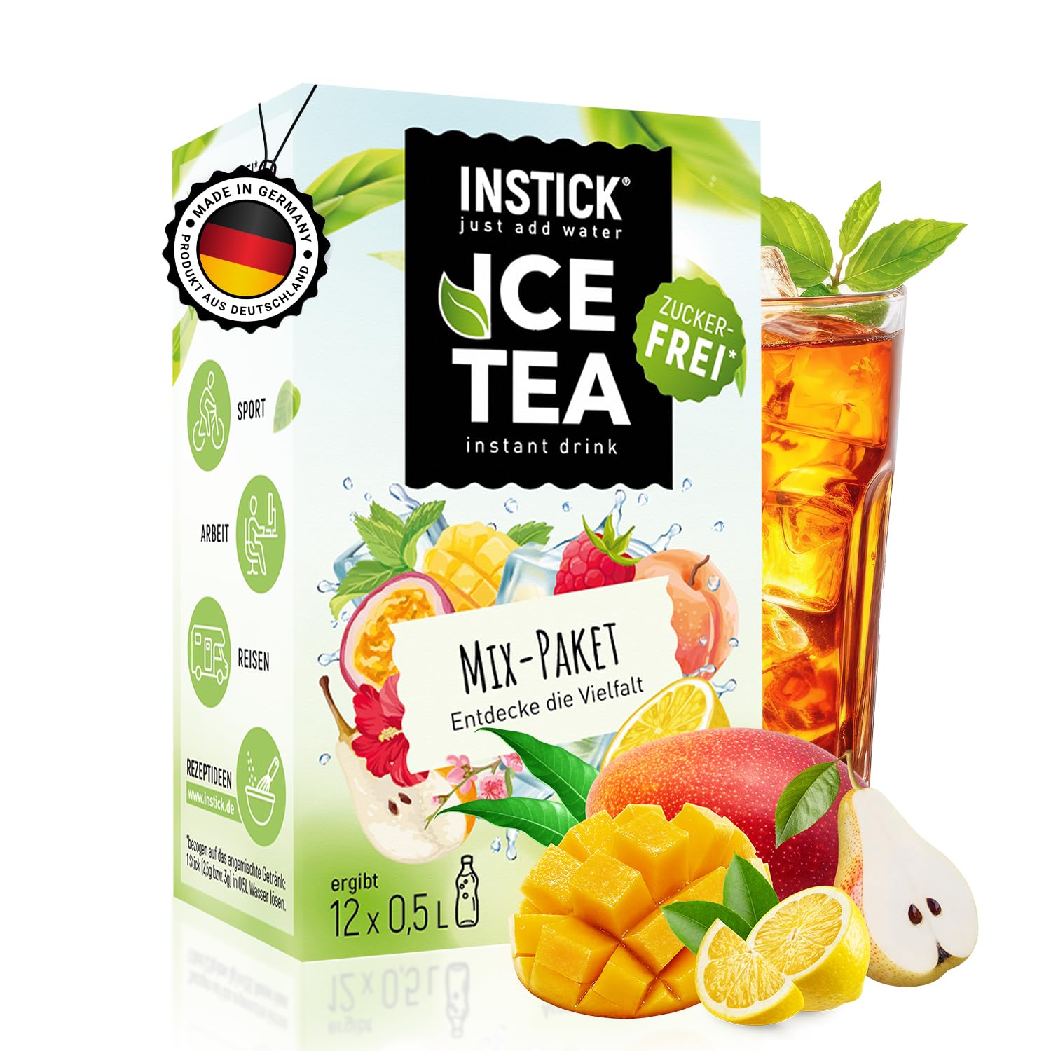 INSTICK Zuckerfreies Instant-Getränk (Eistee Mix-Paket) - 1 Packung für 12 x 0,5-1 L- Veganes Getränkepulver Kalorienarm & Vitamin C - Instant-Pulver