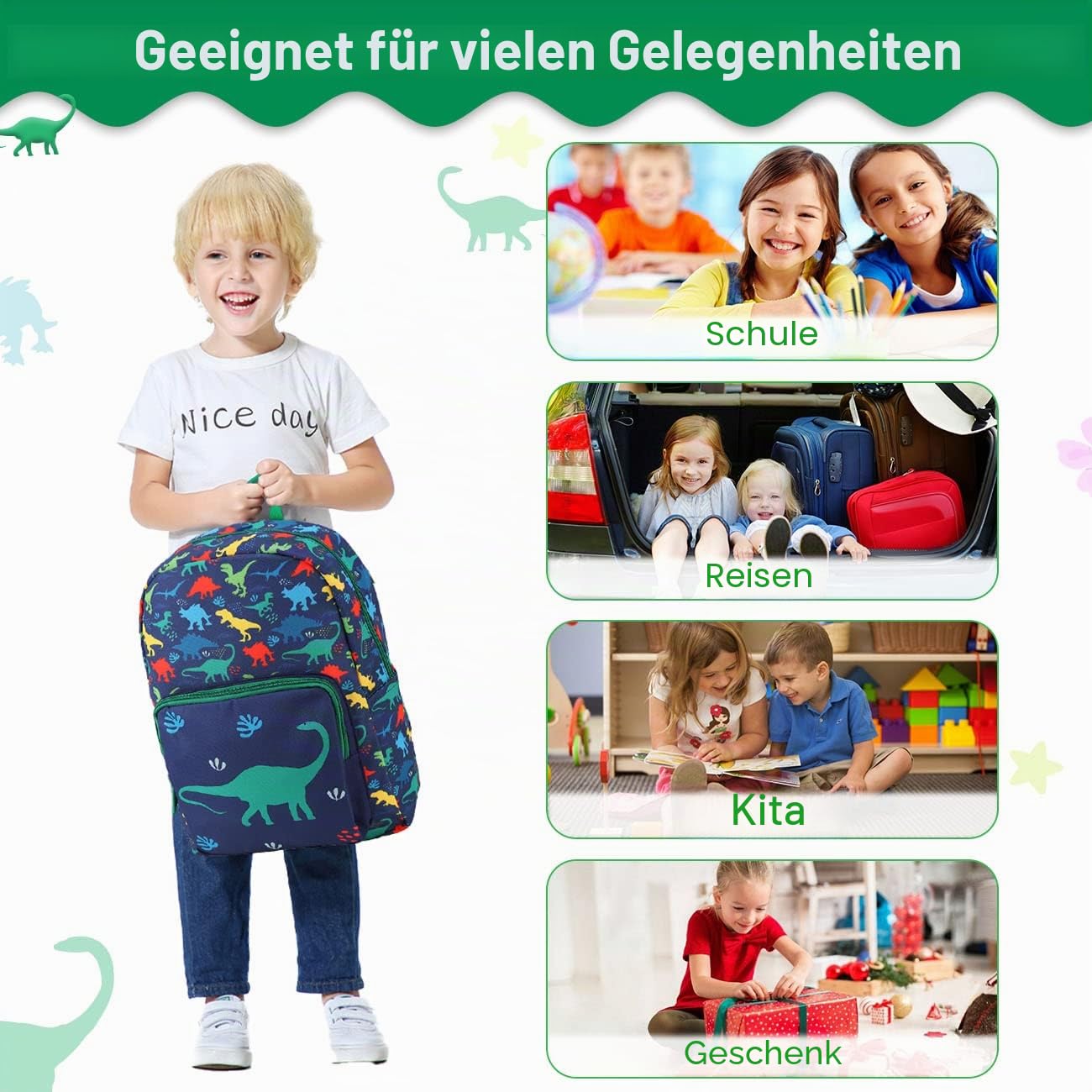 Kinderrucksack für Jungen 4-8 Jahre, Leichter & Wasserabweisender Vorschule Rucksack,Schulrucksack mit Brustgurt, für Grundschule,Dinosaurier 6
