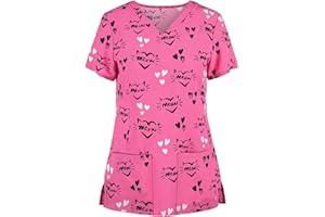 ODEUIAOD Womens Scrub Tops Fashion Printed Work Uniform T-Shirt V Neck Short Sleeve Nurse Scrub Tunic Blouse with Pockets