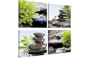 HLJ ART Zen Art Bathroom Wall Decor: Meditation Relaxing Calming Wall Art Framed Water Stone Green Plant Pictures Canvas Wall Art Decor for Modern Office Spa Restroom Bedroom Living Room 12" x 12",Set of 4