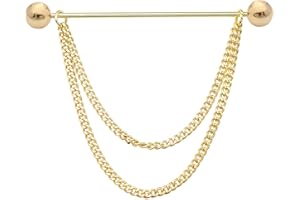 UUDUO 18K Gold Brass Barbell Ball Head Collar Bar with Hanging Chain Tassel Silver Black Shirt Tie Bar Collar Brooch for Men (Gold Ball)