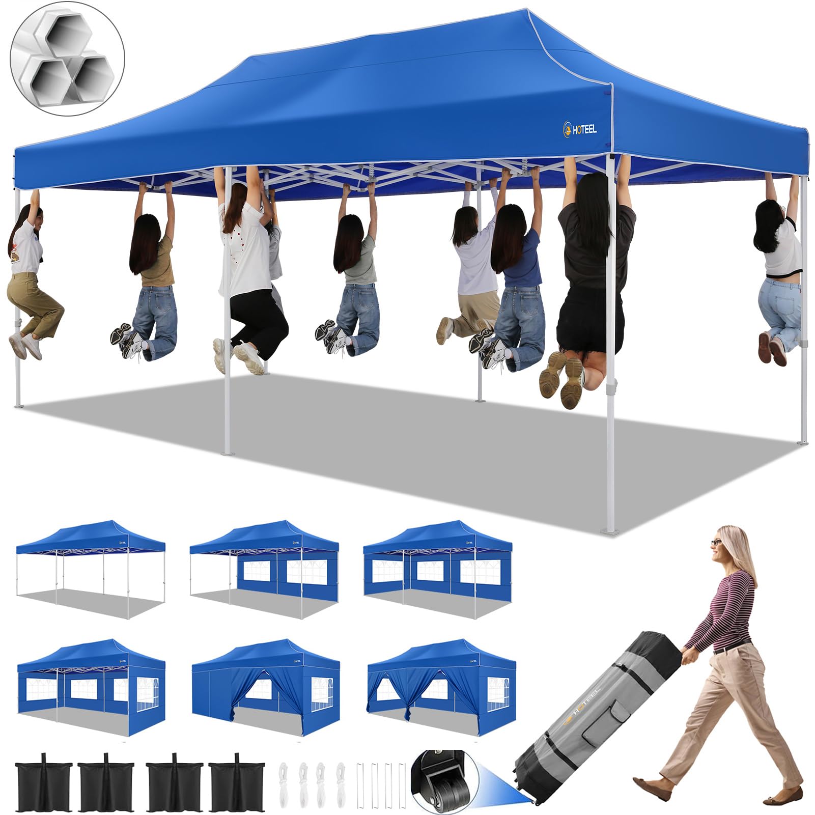 Photo 1 of ****Missing part*******Missing part***HOTEEL 10x20 Pop up Canopy Tent for Parties, Heavy Duty Easy Setup Tent with 6 Sidewalls, Outdoor Commercial Instant Gazebo for Wedding Event, with Roller Bag & Sand Bags, Blue(Hexagonal Frame)