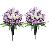LOSFOTBO 2 Sets Artificial Cemetery Flowers for Grave,Realistic Grave Flowers for Cemetery,Silk Rose with Vase for Headstone Tombstone Decoration Easy fit (Purple White)