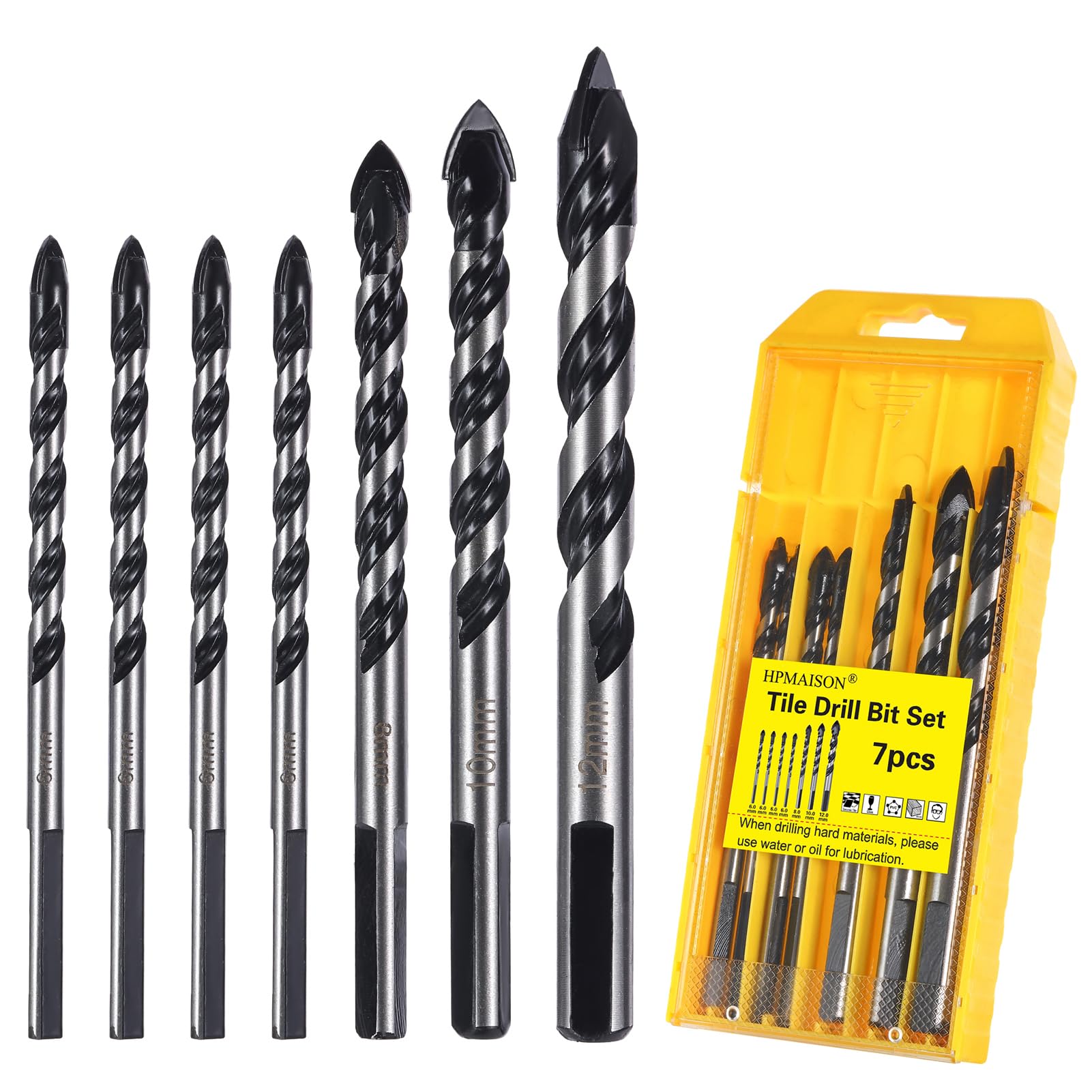 HPMAISON Multi-Material Tile Drill Bits Set, 7PCS Tungsten Carbide Tip Drill Bit for Ceramic Tile Porcelain Granite Marble Brick Glass Plastic Wood with Durable Storage Box (6 6 6 6 8 10 12mm) — image 1