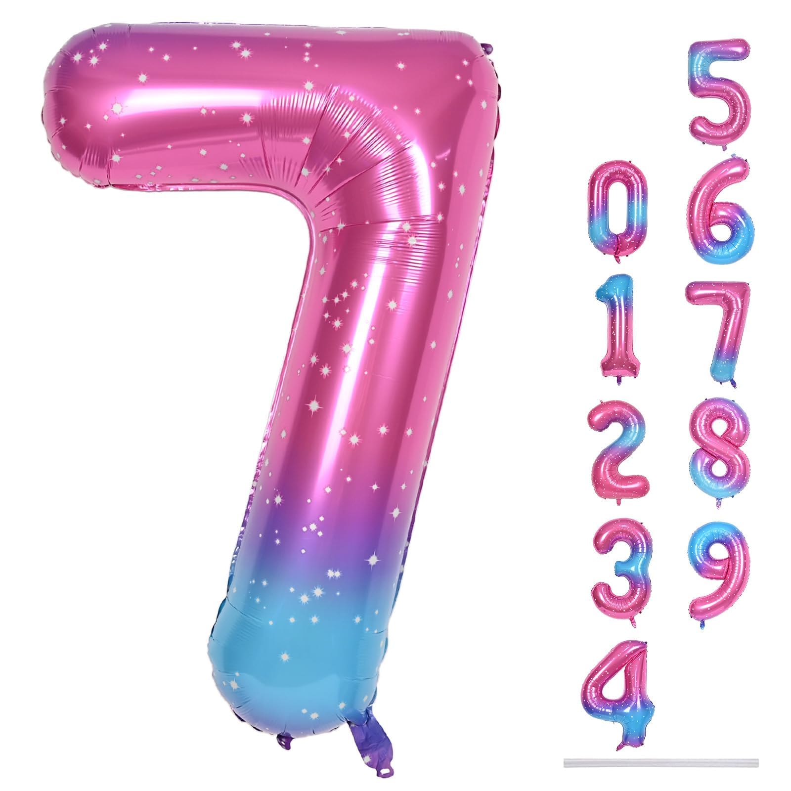40'' Rainbow Number 7 Balloons, Giant Self Inflating Gradient Blue Pink Foil Number Balloons Set 0-9, Starry Digital 7 Helium Balloon for Girls 7th Birthday Party Decorations Anniversary Supplies