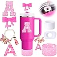 MOTEERLLU 6PCS Pink Stanley Cup Accessories Set, Initials Decorations for Stanley Cup 30oz 40oz, Includes Bow Straw Topper, Handle Charm, Letter Sticker, Silicone Boot, Spill Proof Stopper (Letter A)