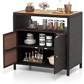 Tangkula Rattan Outdoor Storage Cabinet, Patiojoy Outdoor Cabinet with Acacia Wood Countertop, Open Compartment, 2-Door Wicker Sideboard, Outdoor Bar for Patio Garden Backyard Poolside (Mix Brown)