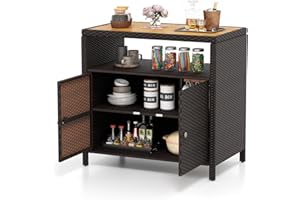 Tangkula Rattan Outdoor Storage Cabinet, Patiojoy Outdoor Cabinet with Acacia Wood Countertop, Open Compartment, 2-Door Wicke