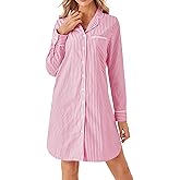 Vrtige Women's Cotton Striped Nightgown Collar V Neck Long Sleeve Button Down Nightwear Top Sleep Shirts Nightdress