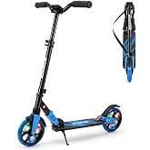 Scooters for Kids 8-12, Teens, Adults, Foldable Kick Scooter with Dual Suspension, Kids Scooter with 8 Inch Light Up Wheels, 3 Height Adjustable, Carrying Strap, Perfect for School, Park, Blue