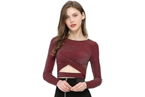 Allegra K Women's Glitter Top Twist Fitted Long Sleeve Cutout Party Cropped Sparkly Tops