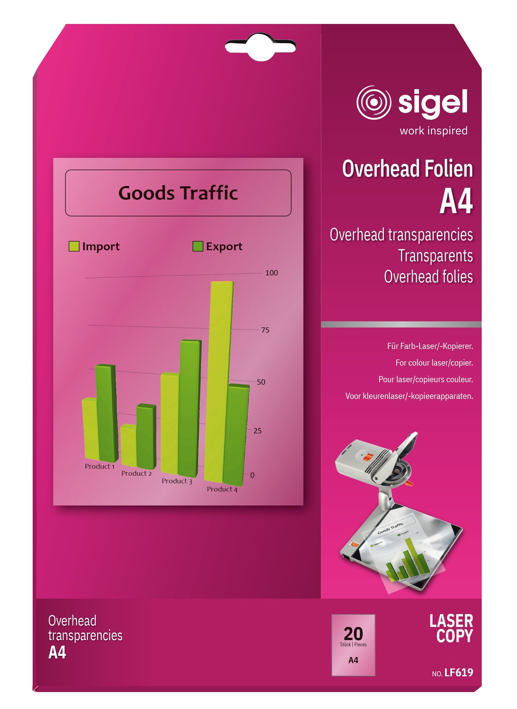 SIGEL LF619 Transparency Film for Colour Laser/Copier, clear, auto feed, heat resistant, for double-sided printouts, 125 mic, A4, 20 sheets