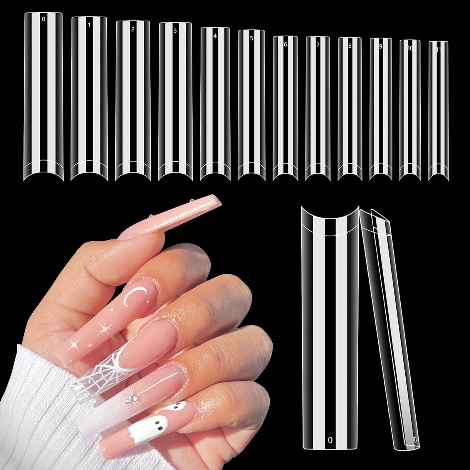 Clear False Acrylic Nail Tips: 504 Pcs Extra Long Straight Square Nails - C Curve Nail Tips for Gel Extensions - Half Cover Press on Nails for Salon - 12 Sizes