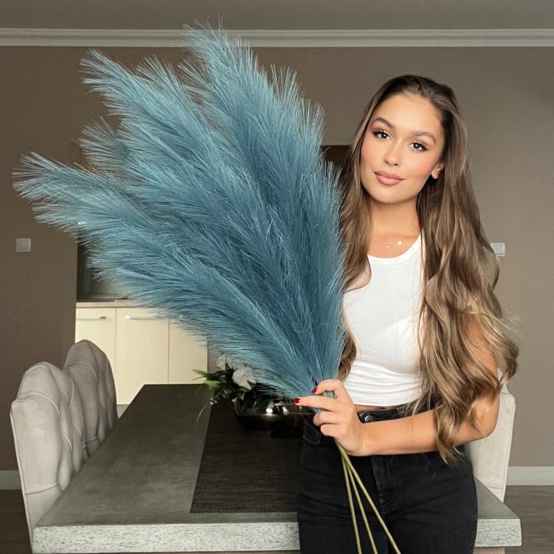 VOULUX Extra Large Tall New Blue Fake Faux Artificial Pampas Grass Large Fluffy x3 115cm Stems x18 Decorative Artificial Flora Feathers For Floor Vases Tall Blue Plant Flowers Long Pampas Grass
