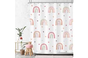 Ufeela Kids Rainbow Shower Curtain for Girls, Boho Pink Polka Dot Shower Curtain, Cute Girly Toddler Nursery Child Bathroom Set Modern Minimalist Aesthetic Curtain Bathtub Accessories Decor 60Wx72L